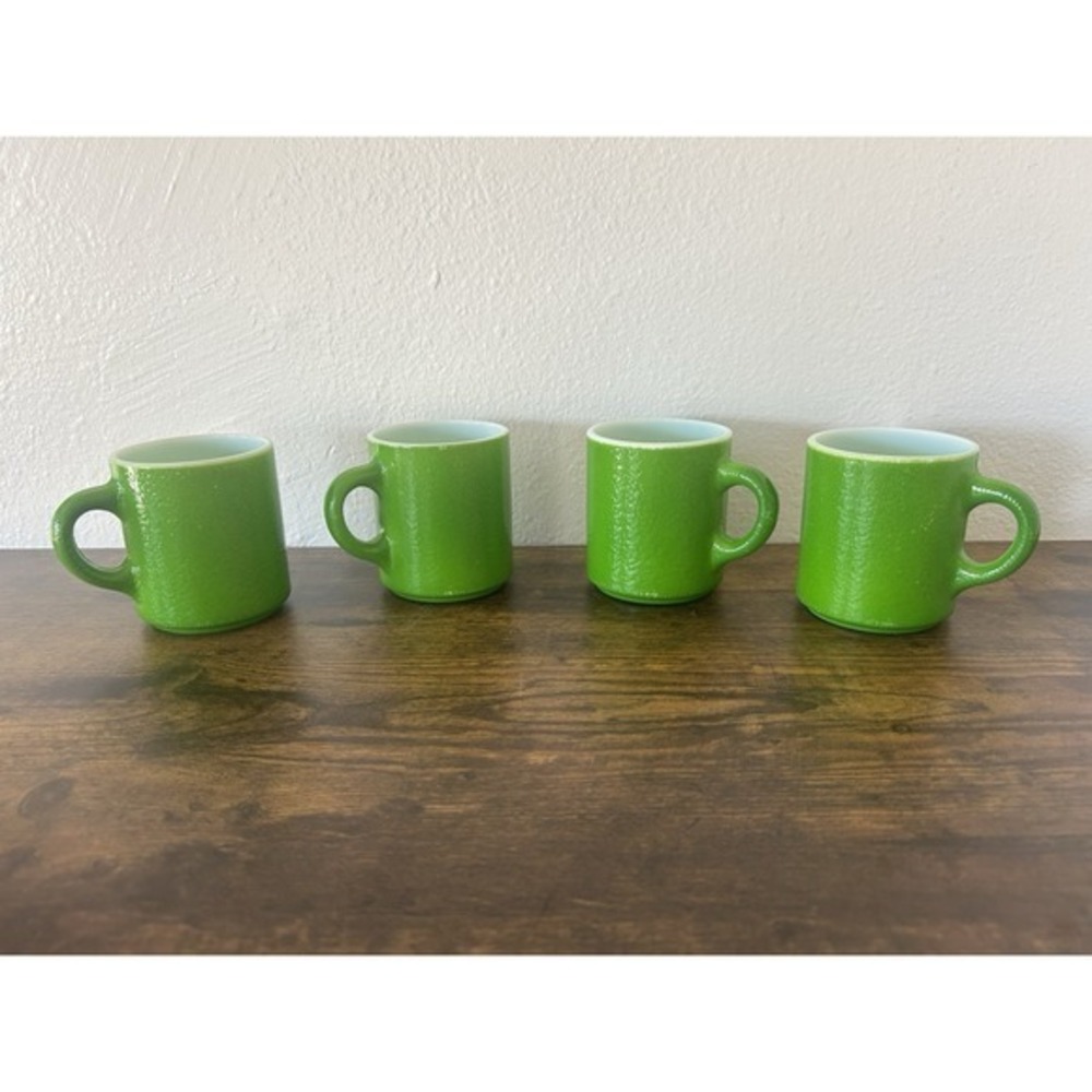 4-PC Set Vintage Hazel Atlas Lime Green Milk Glass 8oz Mug‎ Cups Stackable